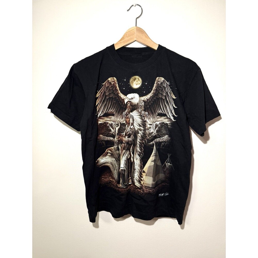 Vintage Biker Native American Eagle T-shirt Metal Rock Front&Back sz S Wild co.